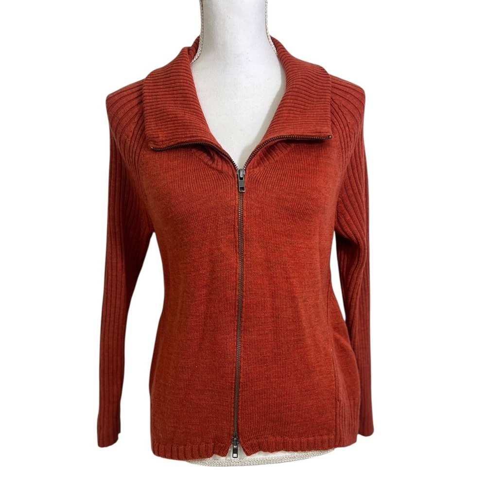 Eileen Fisher Merino Wool Zip Front Cardigan Sweater Pumpkin Orange Color MP